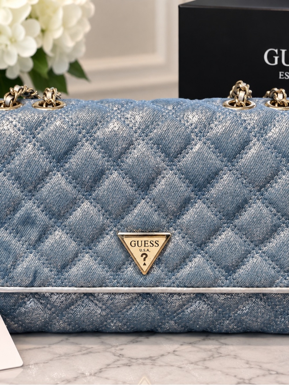 GUESS Giully II Metallic Denim Quilted Convertible Flap Bag